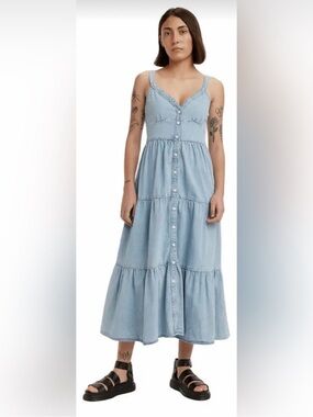 Levi’s Sabine denim chambray tiered prairie dress midi button up M